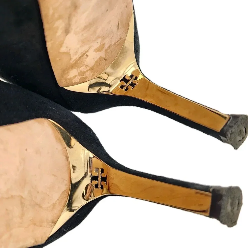 Tory Burch Lanette Black Suede Heels Gold Double T Accent Pumps 8 Quiet Luxury